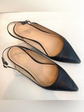 Coach Black Leather Slingback Flat with Studded Trim Size 7